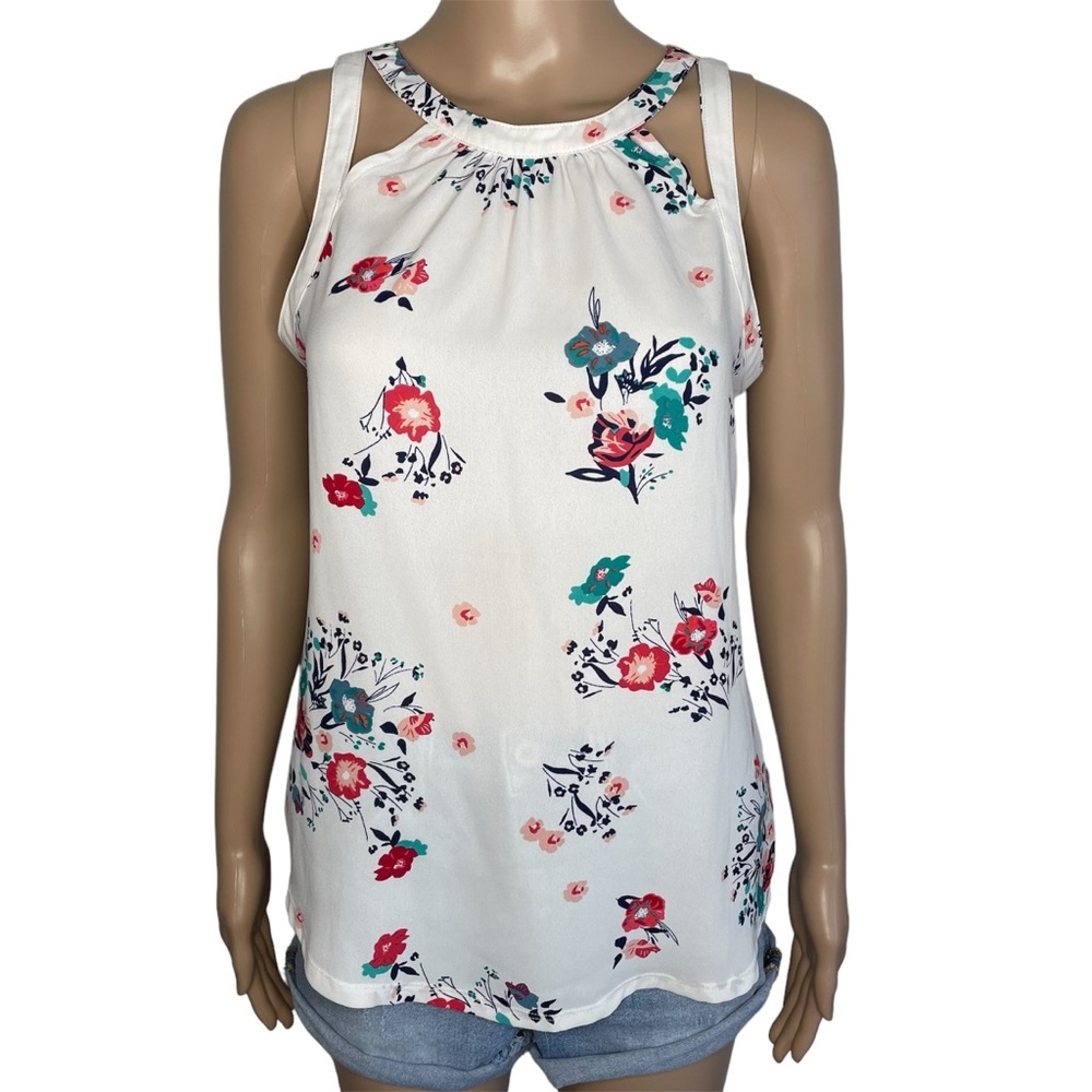Express White Floral Crew Neck Cut Out Keyhole Sleeveless Tank Top Blouse